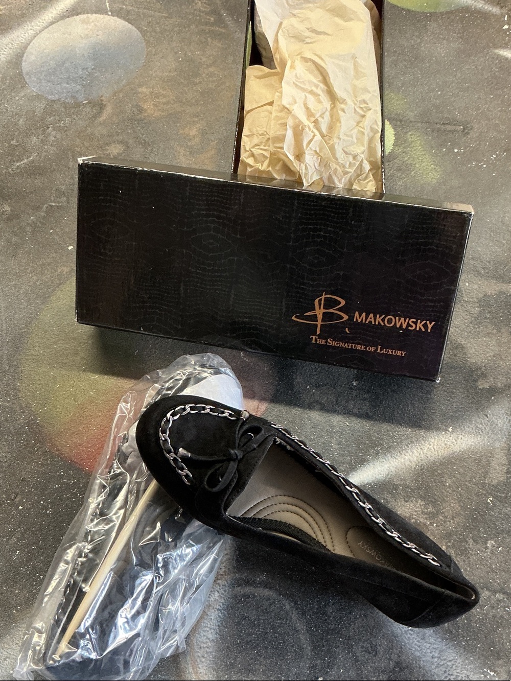 b. makowsky Black Suede Chain Trim Loafers